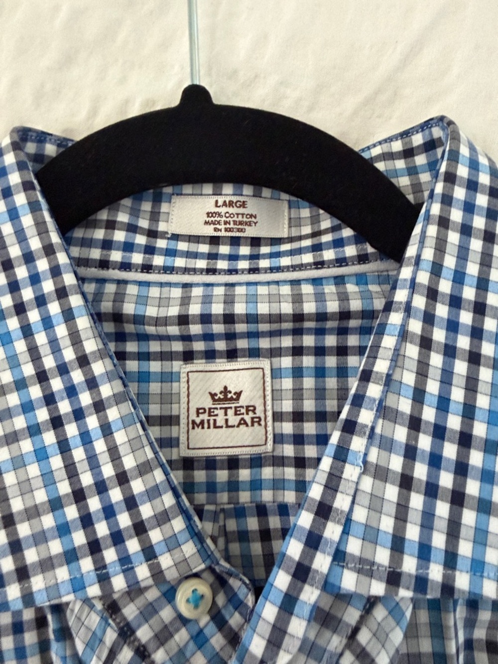 Peter Millar Men’s 100% Cotton Check Dress Shirt Blue White Size L - Picture 5 of 7